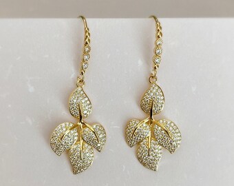 Gold Dainty Bridal CZ Crystal Botanical Laurel Leaf Chandelier Earrings-Grecian Greek Goddess Boho Cubic Zirconia Leaves Earrings-"RHEA"