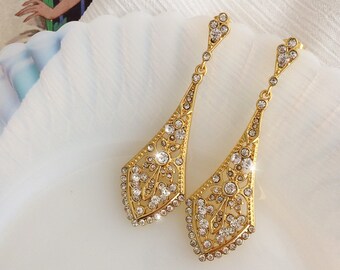 Gold 1920s Art Deco Gatsby Inspired Bridal Swarovski Crystal dangle Earrings-Downton Abbey Wedding Vintage Chandelier Earrings-"ELSA gold"