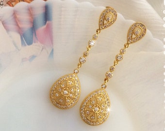 1920s Art Deco Gatsby Inspired Bridal Crystal Drop Gold Earrings-Cubic Zirconia Vintage Downton Abbey Wedding Dangle Earrings-"ARIELLE gold"