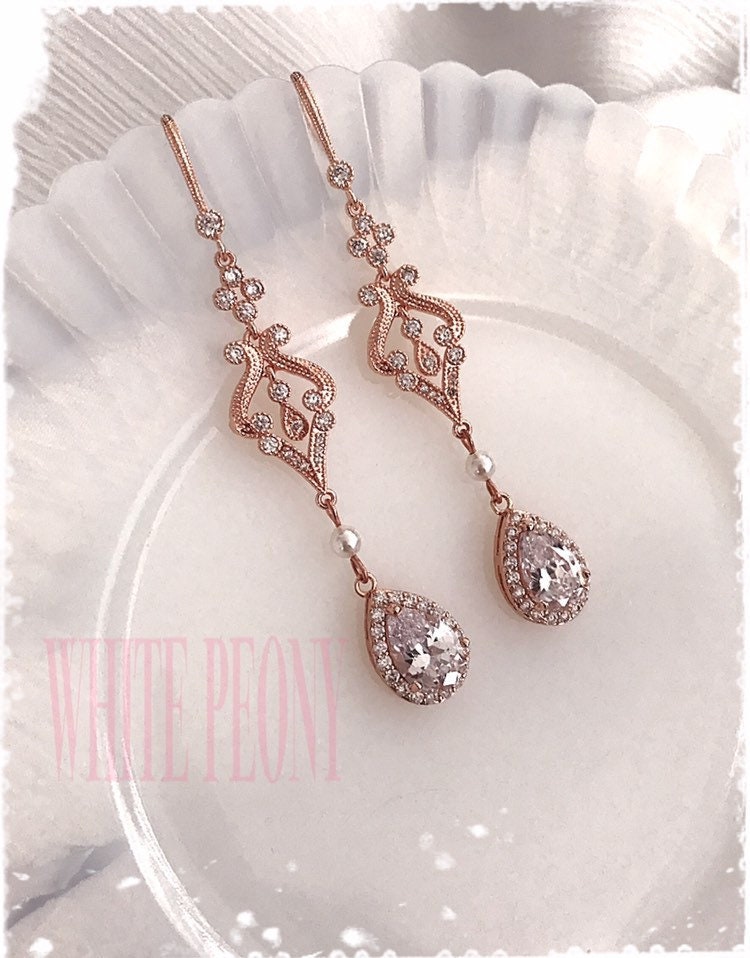 Rose Gold Teardrop orders Crystal Bridal Studs Earrings-Cubic Zirconia Art Deco Gatsby Downton Abbey Old Hollywood Boho Leaf Earrings-