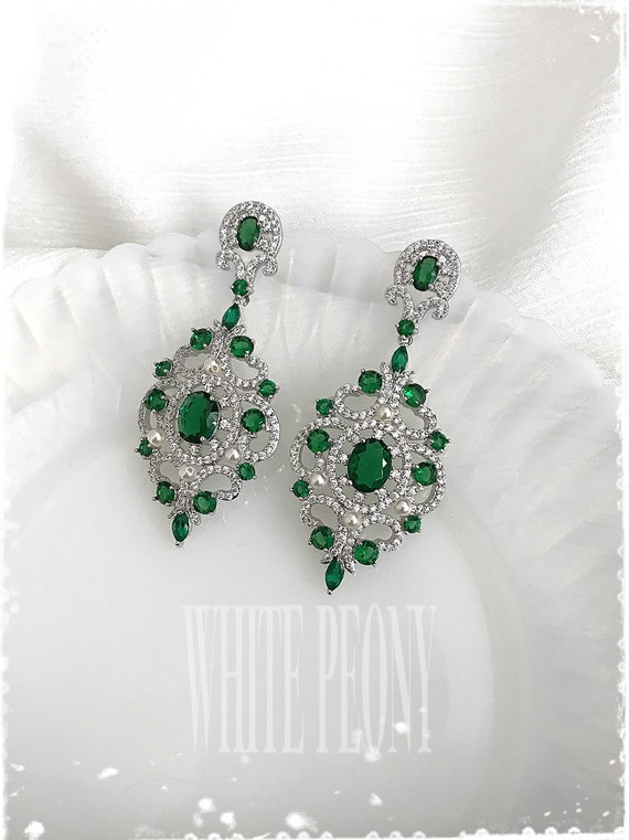 Emerald Green Bridal Crystal Chandelier Earrings-green Cubic | Etsy