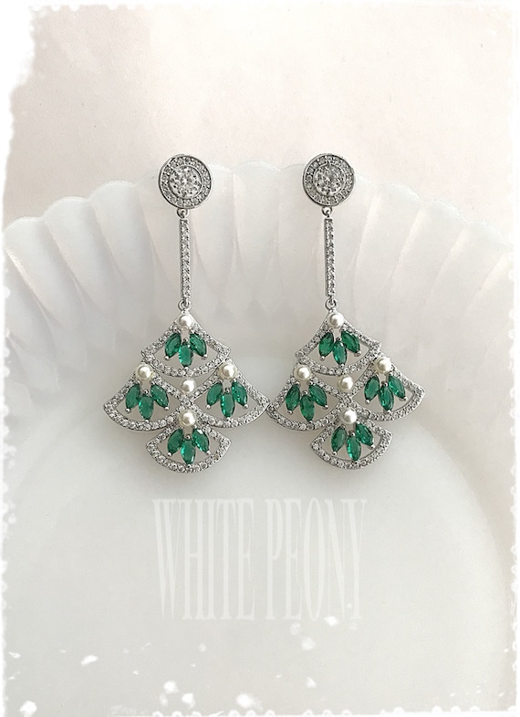 Emerald Green Crystal Art Deco Gatsby Bridal Fan Chandelier Earrings-Green Cubic Zirconia Downton Abbey Old Hollywood Glam Earrings-"CLARA"