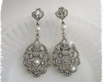 1920s Art Deco Gatsby Inspired Bridal Crystal Peacock Fan Long Earrings-Downton Abbey Wedding Pearl Chandelier Earrings-"CLEOPATRA pearl"