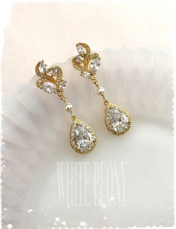 Gold Boho Bridal Crystal Leaf Teardrop Earrings-cubic Zirconia - Etsy