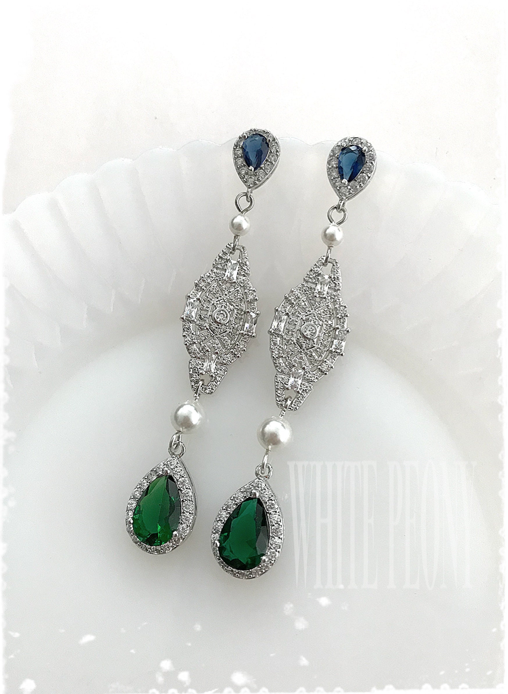 Emerald Sapphire Crystal Teardrop Pearl Bridal Earrings-Cubic | Etsy