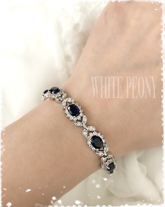 Sapphire Blue CZ Crystal Art Deco Bridal Bracelet vintage Old Hollywood Wedding Dark Blue Cubic Zirconia Flower Leaf Tennis Braceletmaia Etsy Ireland