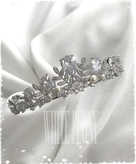 Greek Goddess Inspired Bridal Crystal Leaf Tiara Headpiece 