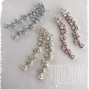 Art Deco Gatsby Bridal Crystal Leaf Long Earrings-Victorian Grecian Vintage Style Clear AAA Cubic Zirconia Long Drop Earrings-&quot;SIENNA&quot;