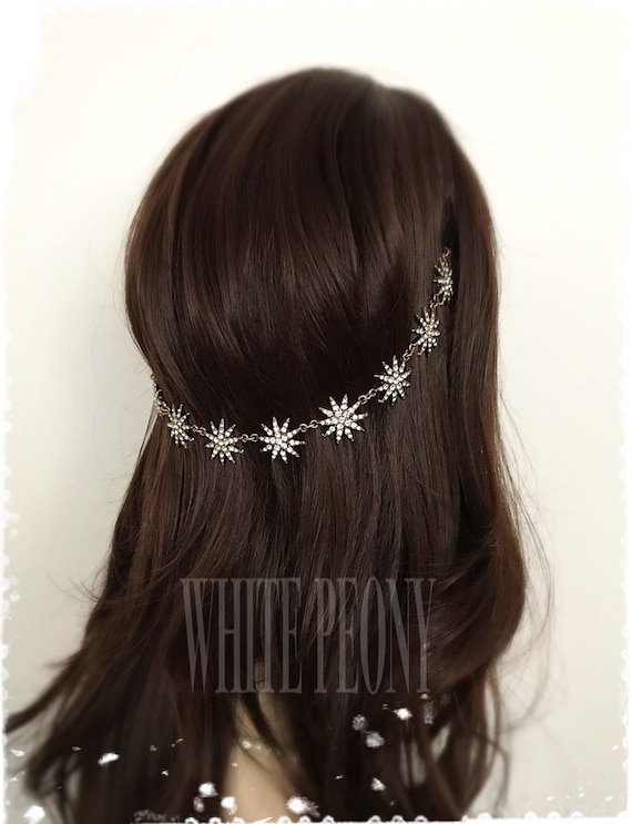 Golden Celestial Starburst Bridal Crystal Hair Chain  display picture 3