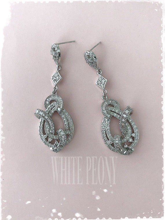 Art Deco Inspired Crystal Chandelier Earrings-Cubic Zirconia CZ Gatsby Downton Abbey Boho Old Hollywood Glam Bridal Long Earrings-"PETRA"