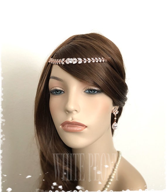 Rose Gold Bridal Crystal Laurel Leaf Headpiece Cubic Zirconia Boho Greek Goddess Art Deco Gatsby Downton Abbey Wedding Head Chain Artemis