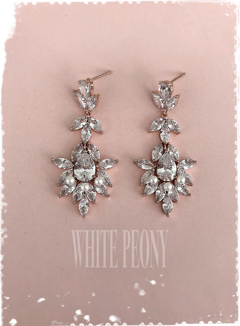 Rose Gold Art Deco Bridal Crystal Leaf Chandelier Earrings-Cubic Zirconia Swarovski Pearl Vintage Style Boho Greek Goddess EarringsERICA White Pearl