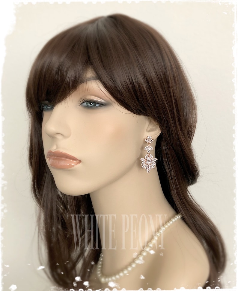 Rose Gold Art Deco Bridal Crystal Leaf Chandelier Earrings-Cubic Zirconia Swarovski Pearl Vintage Style Boho Greek Goddess EarringsERICA image 4