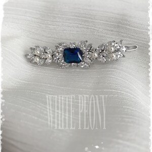 Sapphire Royal Blue Art Deco Gatsby Inspired Crystal Leaf Wedding Hair Clip-Vintage Bridal Cubic Zirconia CZ Barrette HairpinCAMILLA image 3