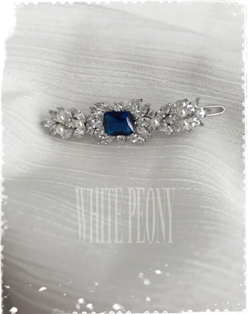 Sapphire Royal Blue Art Deco Gatsby Inspired Crystal Leaf Wedding Hair Clip-Vintage Bridal Cubic Zirconia CZ Barrette HairpinCAMILLA image 3