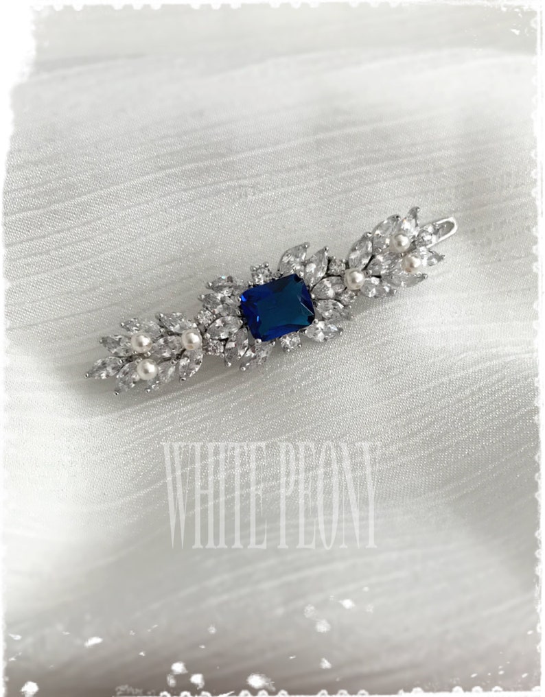 Sapphire Royal Blue Art Deco Gatsby Inspired Crystal Leaf Wedding Hair Clip-Vintage Bridal Cubic Zirconia CZ Barrette HairpinCAMILLA image 1