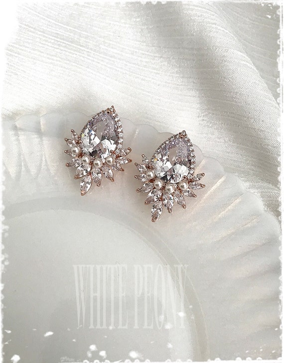 Rose Gold Teardrop orders Crystal Bridal Studs Earrings-Cubic Zirconia Art Deco Gatsby Downton Abbey Old Hollywood Boho Leaf Earrings-