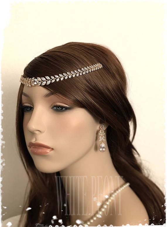 Gold Boho Greek Goddess Inspired Crystal Laurel Leaf Headpiece Art Deco Gatsby Downton Abbey Cubic Zirconia Bridal Hair Chain Artemis Gold