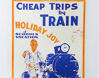 Cheap Trips by Train - Retro Style Travel Poster Large Cotton Tea Towel