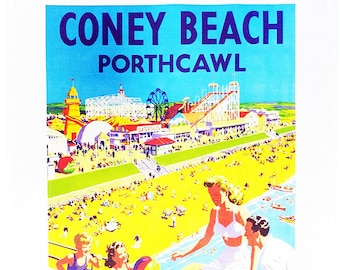 Coney Beach - Porthcawl - Retro Style Travel Poster Large Cotton Tea Towel