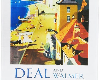 Deal and Walmer Sunny and Bracing - Retro Style Travel Poster Large Cotton Tea Towel