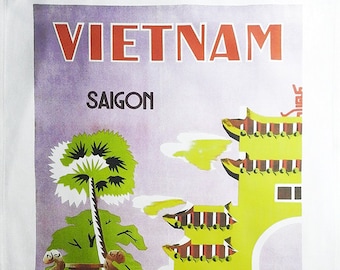 Vietnam - Large Cotton Retro Travel Poster Tea Towel