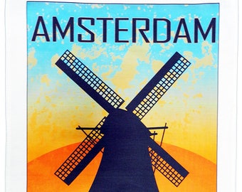 Vintage Style Amsterdam and Windmill - Large Cotton Tea Towel by Half a Donkey