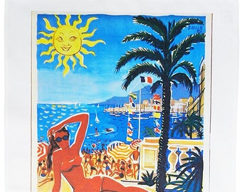 The French Riviera- Retro Style Travel Poster Large Cotton Tea Towel by Half a Donkey