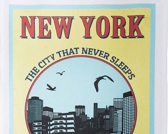 New York - Vintage Style Poster Large Cotton Tea Towel