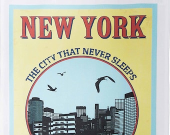 New York - Vintage Style Poster Large Cotton Tea Towel