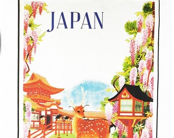 Japan - Retro Style Travel Poster Large Cotton Tea Towel