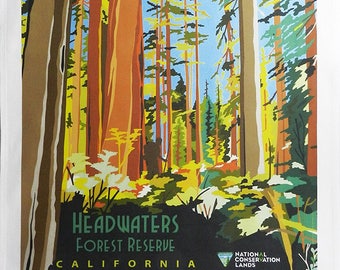 Headwaters Californian Forest Reserve - Retro Style Travel Poster Large Cotton Tea Towel