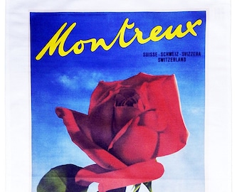Red Rose of Montreux - Retro Style Travel Poster Large Cotton Tea Towel