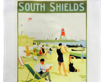 South Shields- for happy seaside outings - Retro Style Travel Poster Large Cotton Tea Towel