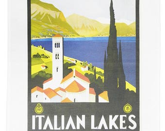 The Italian Lakes - Retro Style Travel Poster Large Cotton Tea Towel