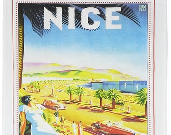 Nice - Retro Style Travel Poster Large Cotton Tea Towel