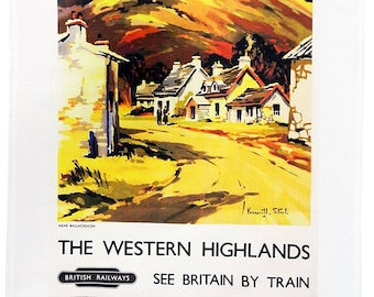 The Western Highlands - Retro Style Travel Poster Large Cotton Tea Towel