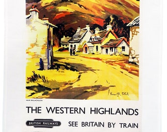 The Western Highlands - Retro Style Travel Poster Large Cotton Tea Towel