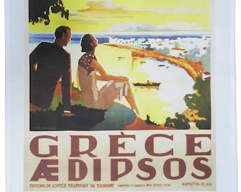 Edipsos, Greece - Retro Style Travel Poster Large Cotton Tea Towel