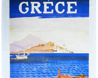 Greece , at leisure- Retro Style Travel Poster Large Cotton Tea Towel