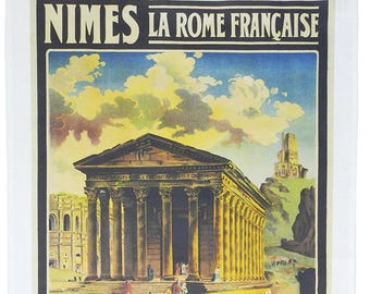 Nimes - La Rome Francais - Retro Style Travel Poster Large Cotton Tea Towel