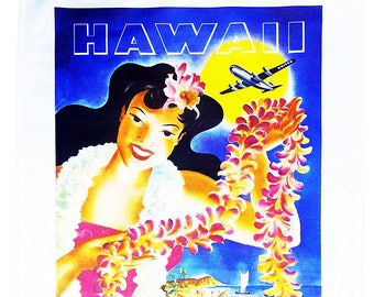 Hawaii - Retro Style Travel Poster Large Cotton Tea Towel