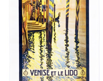 Venise et le Lido (Venice Lido) - Retro Style Travel Poster Large Cotton Tea Towel