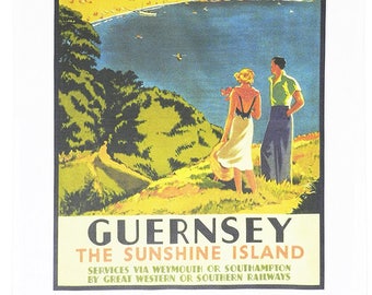Guernsey, Channel Islands - Retro Style Travel Poster Large Cotton Tea Towel