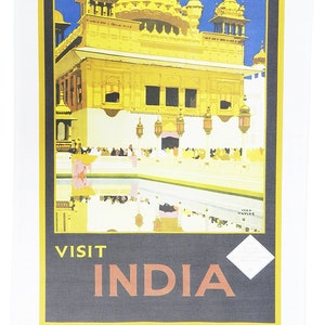 May include: A vintage travel poster promoting India, featuring a golden temple against a blue sky. The poster has the words "VISIT INDIA" in bold letters. The artwork is framed with a black border and a yellow outline.