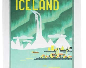 Visit Iceland- Retro Style Travel Poster Large Cotton Tea Towel