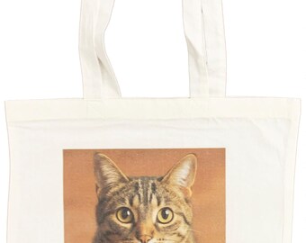 Tabby Cat Portrait Tote Bag, White Cotton Shoulder Bag