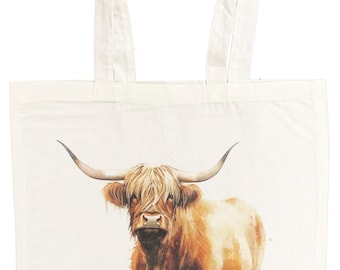 Highland Cow Watercolour Tote Bag – Eco‑Friendly Cotton Shopper