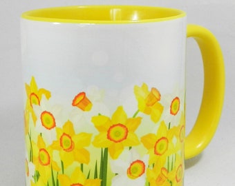 The Yellow Daffodil Spring Flower Mug with Glazed Yellow Handle and Inner