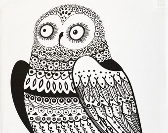 Black and White Zentangle Owl Cotton Tea Towel